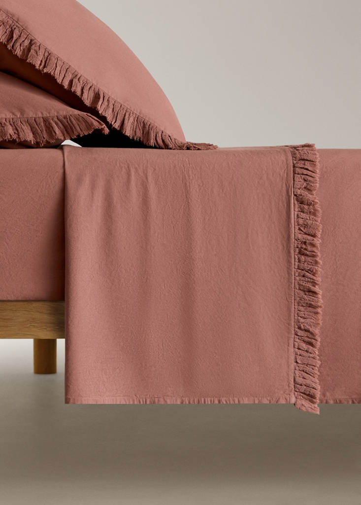 Washed cotton flat sheet with frayed gauze ruffle 160x280 cm — Medium Pink