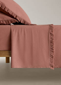 Washed cotton flat sheet with frayed gauze ruffle 160x280 cm — Medium Pink 3