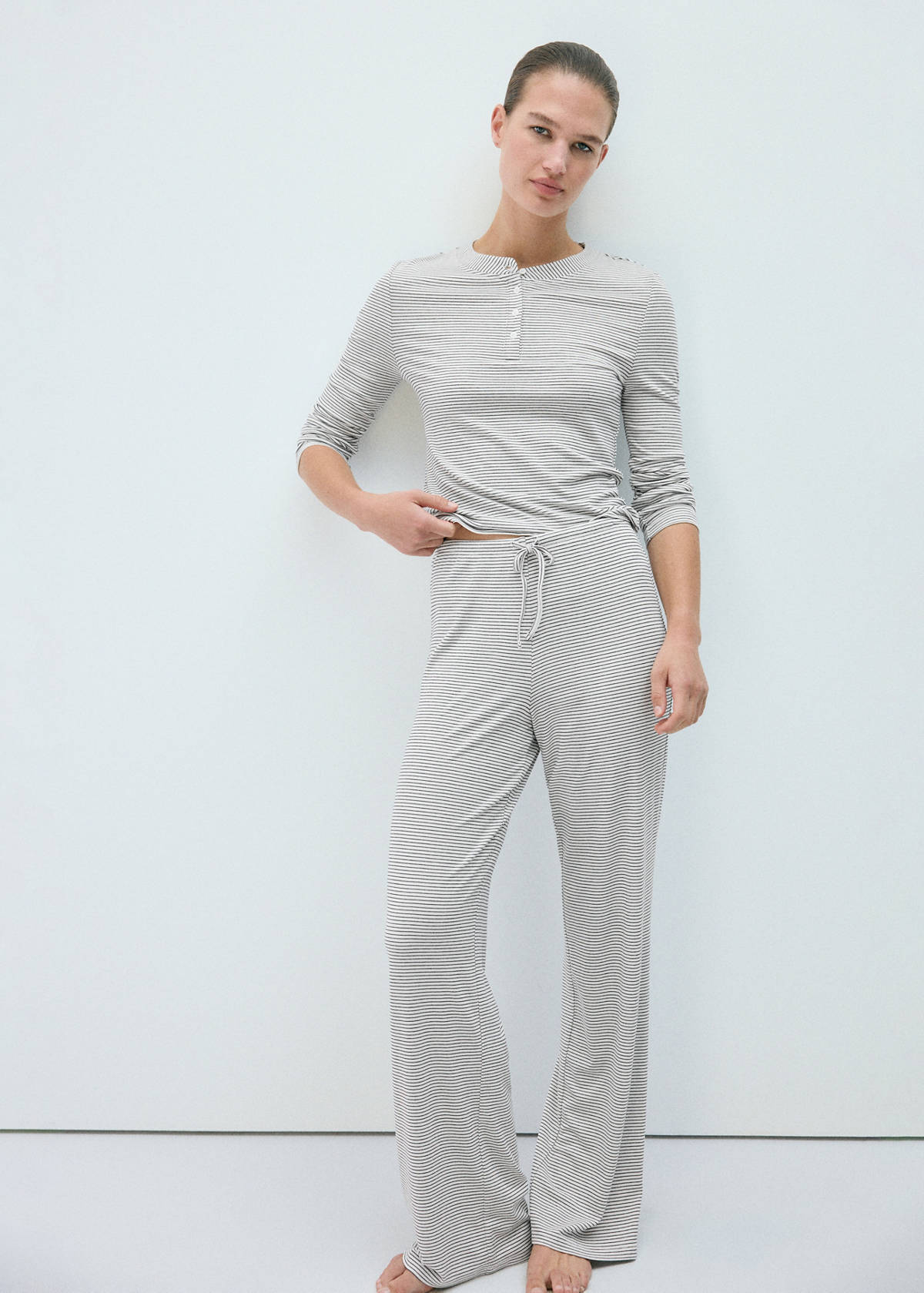 Striped pyjama T-shirt with button detail — Ivory White