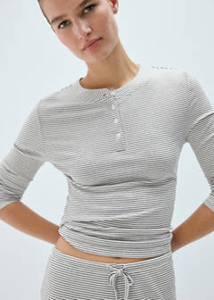 Striped pyjama T-shirt with button detail — Ivory White 1