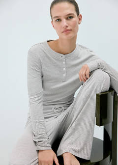 Striped pyjama T-shirt with button detail — Ivory White 5