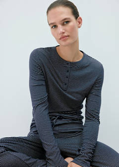 Striped pyjama T-shirt with button detail — Navy 1