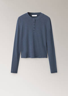 Striped pyjama T-shirt with button detail — Navy 5