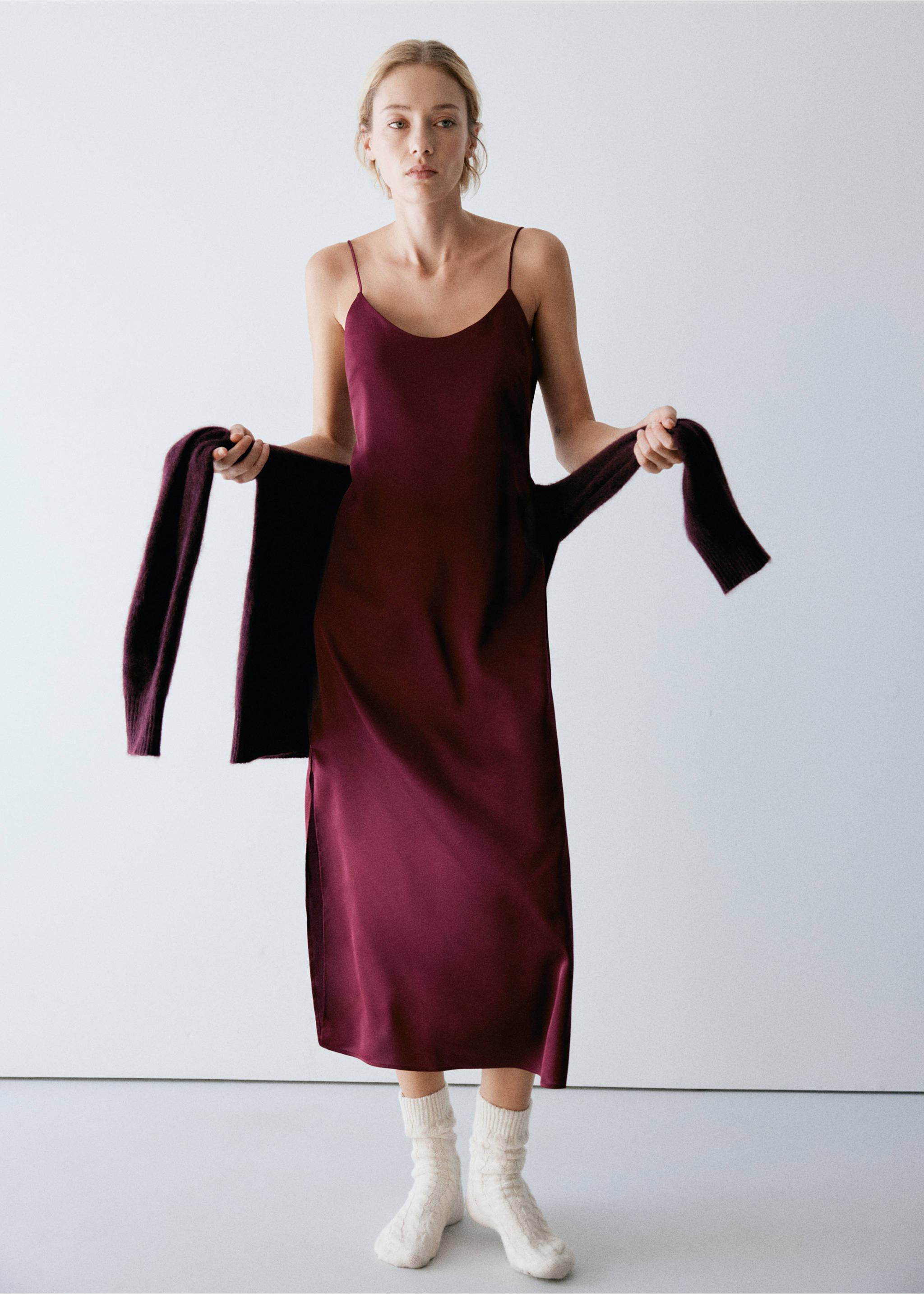 Burgundy pyjama trousers worn with a matching slip dress, Red. Ref: 37082943-00.