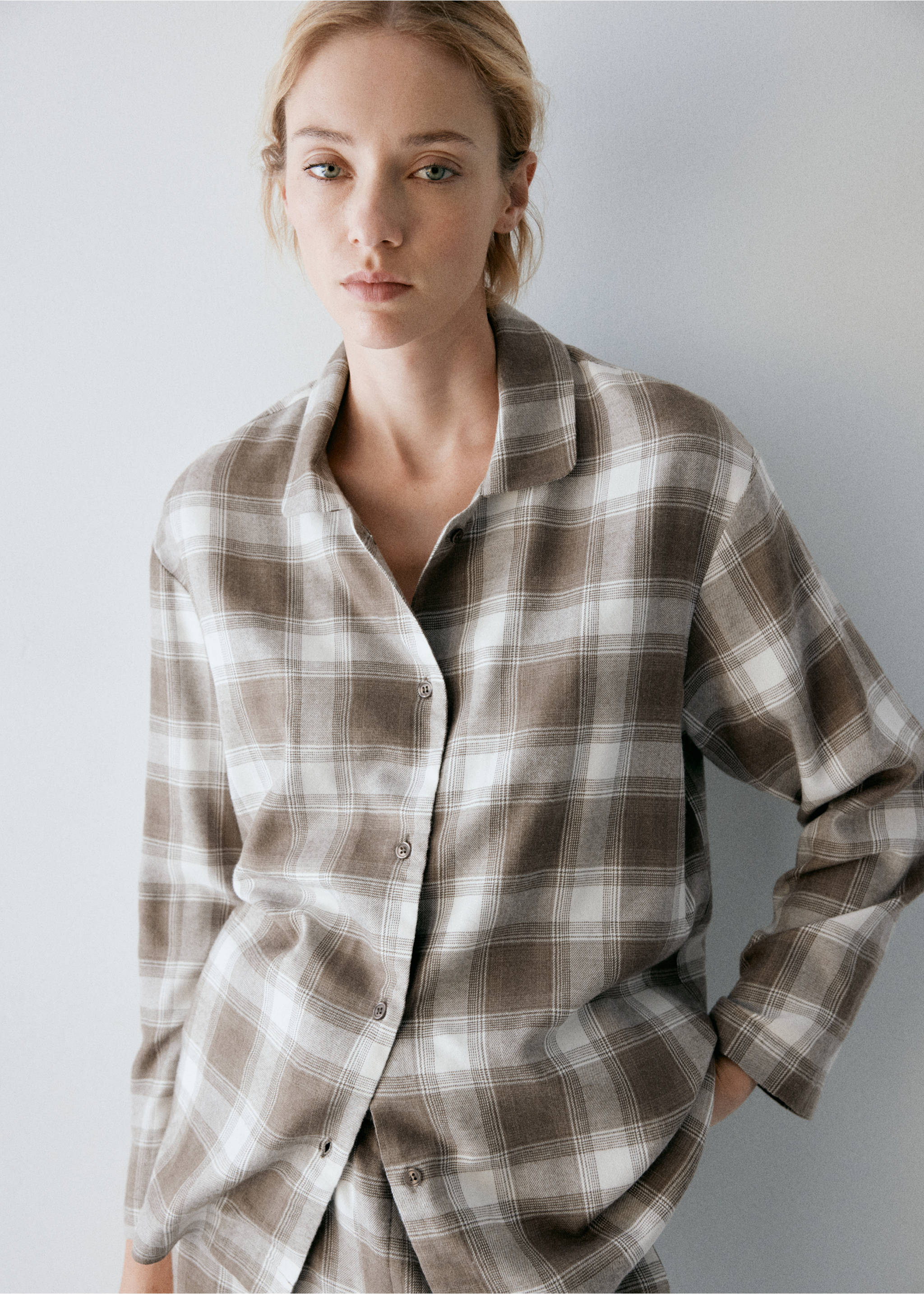 Brown and white plaid pyjama shirt with a lapel collar and buttons., Medium Brown. Ref: 37082948-00.