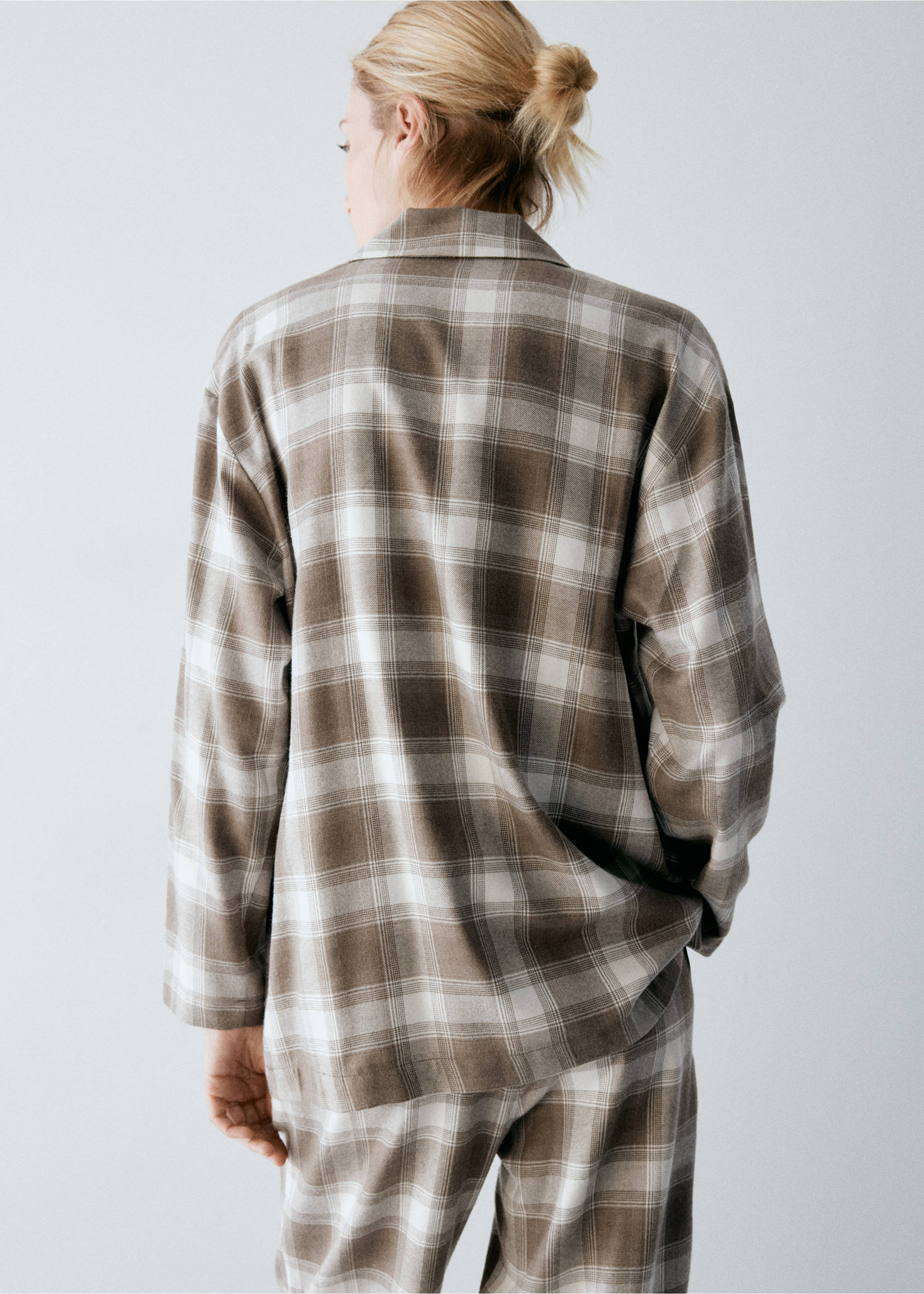 Brown and white plaid pyjama shirt with long sleeves and lapel collar, back view., Medium Brown. Ref: 37082948-00.