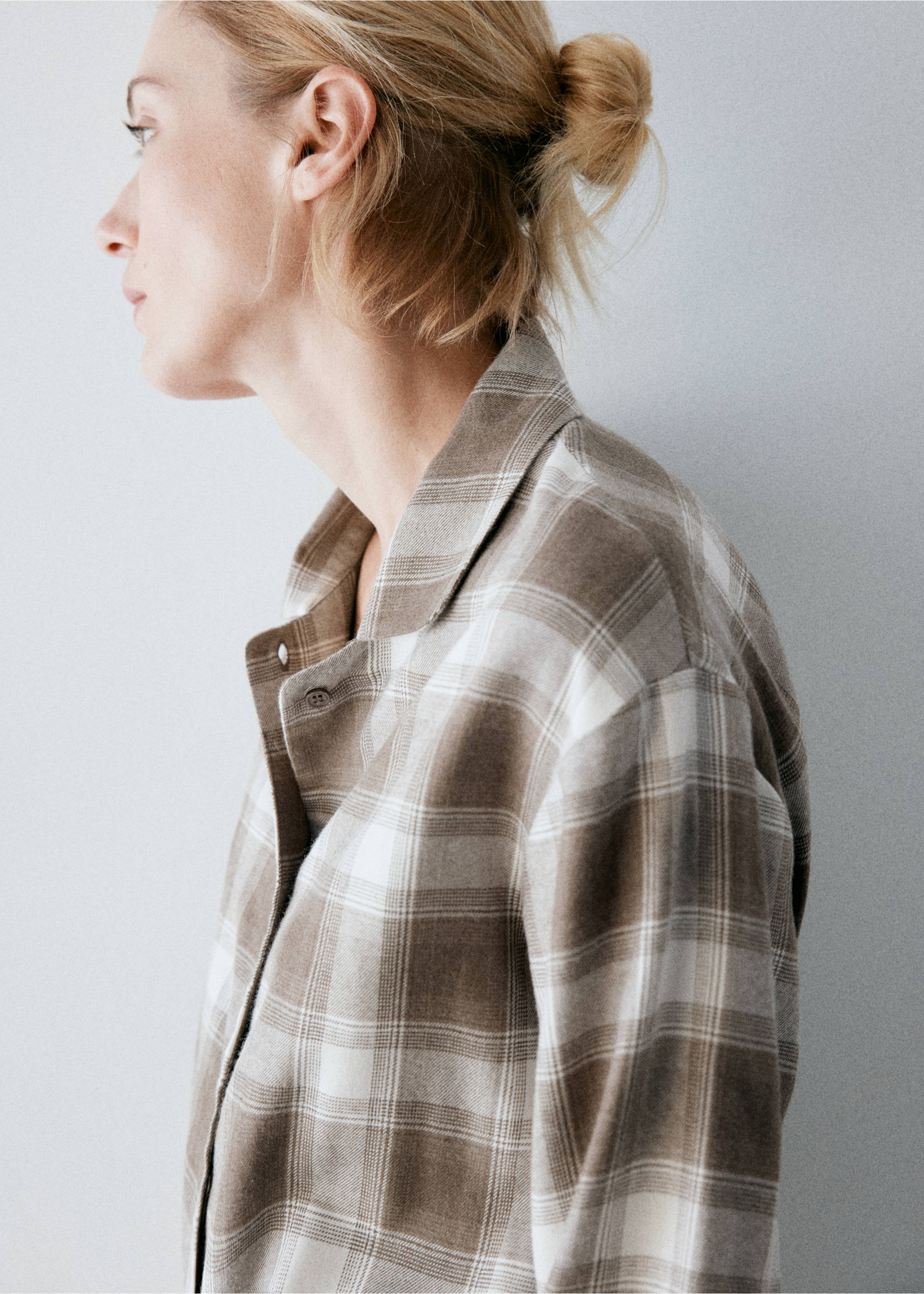 Brown and white plaid pyjama shirt, close-up with collar., Medium Brown. Ref: 37082948-00.
