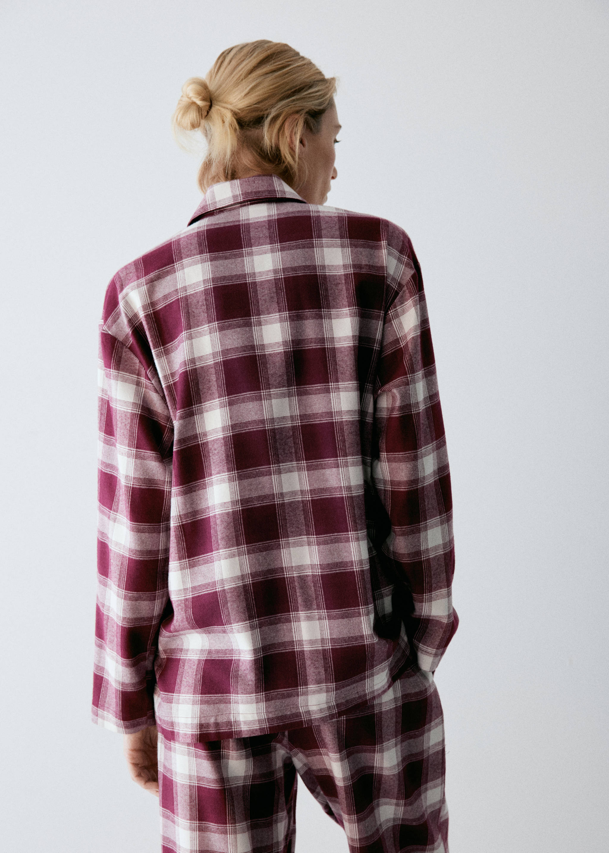 Burgundy and white check pyjama shirt in an oversized fit, shown from the back.