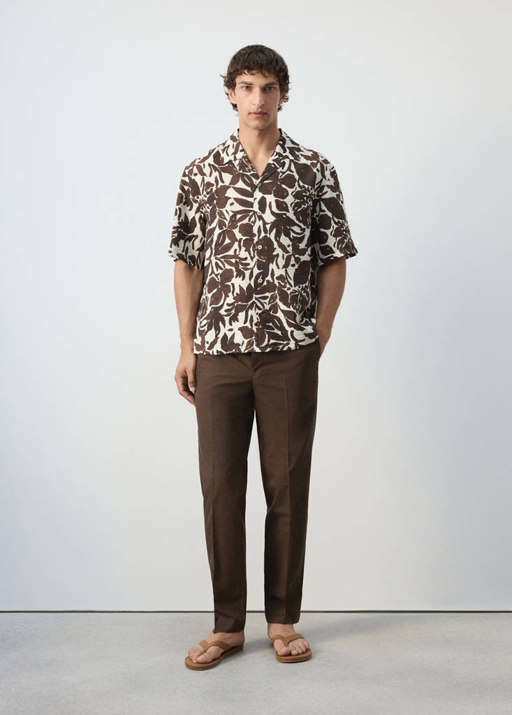 Printed cotton shirt with a bowling collar — Brown