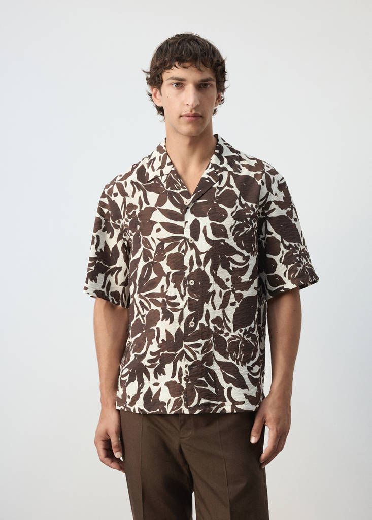 Printed cotton shirt with a bowling collar — Brown