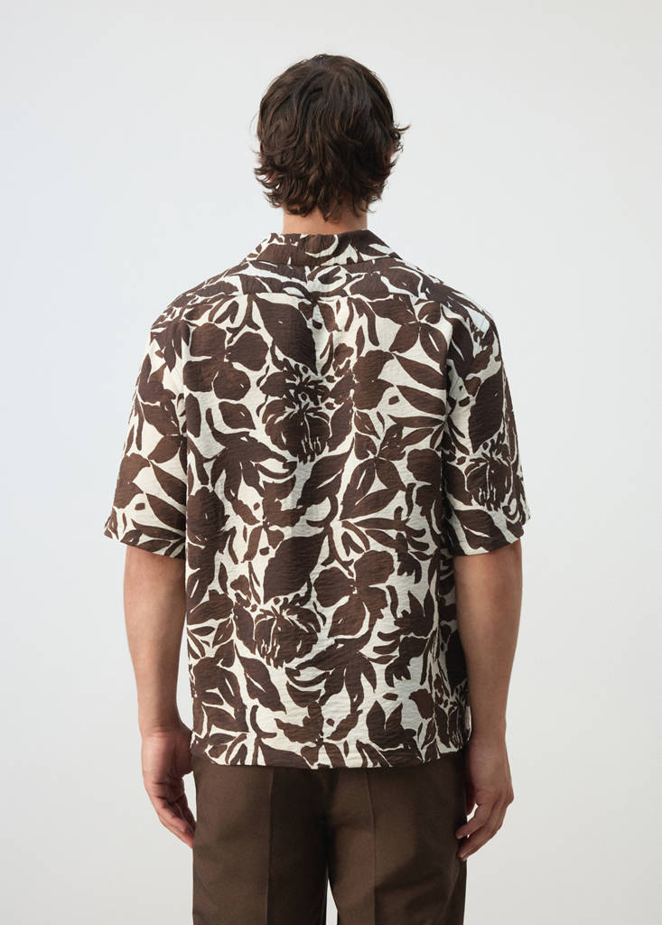 Printed cotton shirt with a bowling collar — Brown