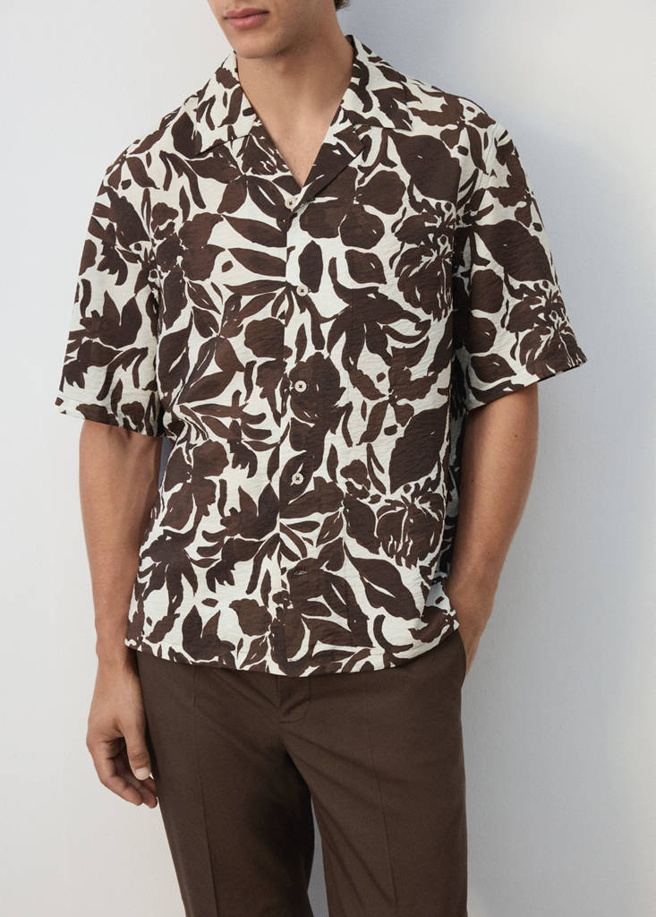 Printed cotton shirt with a bowling collar — Brown