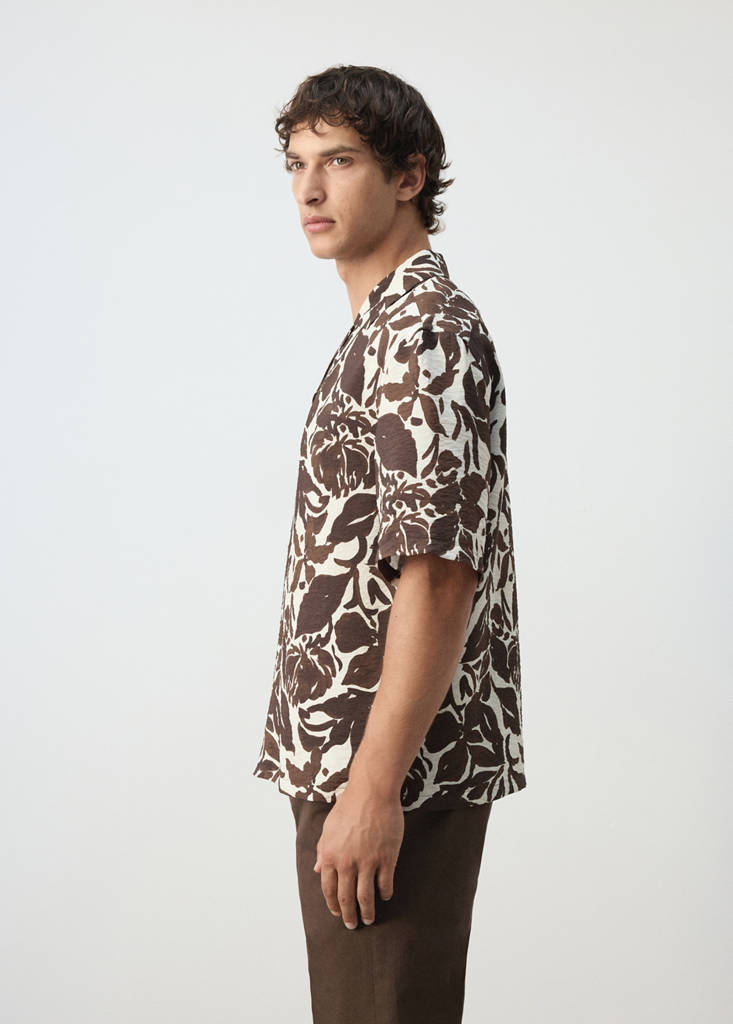 Printed cotton shirt with a bowling collar — Brown