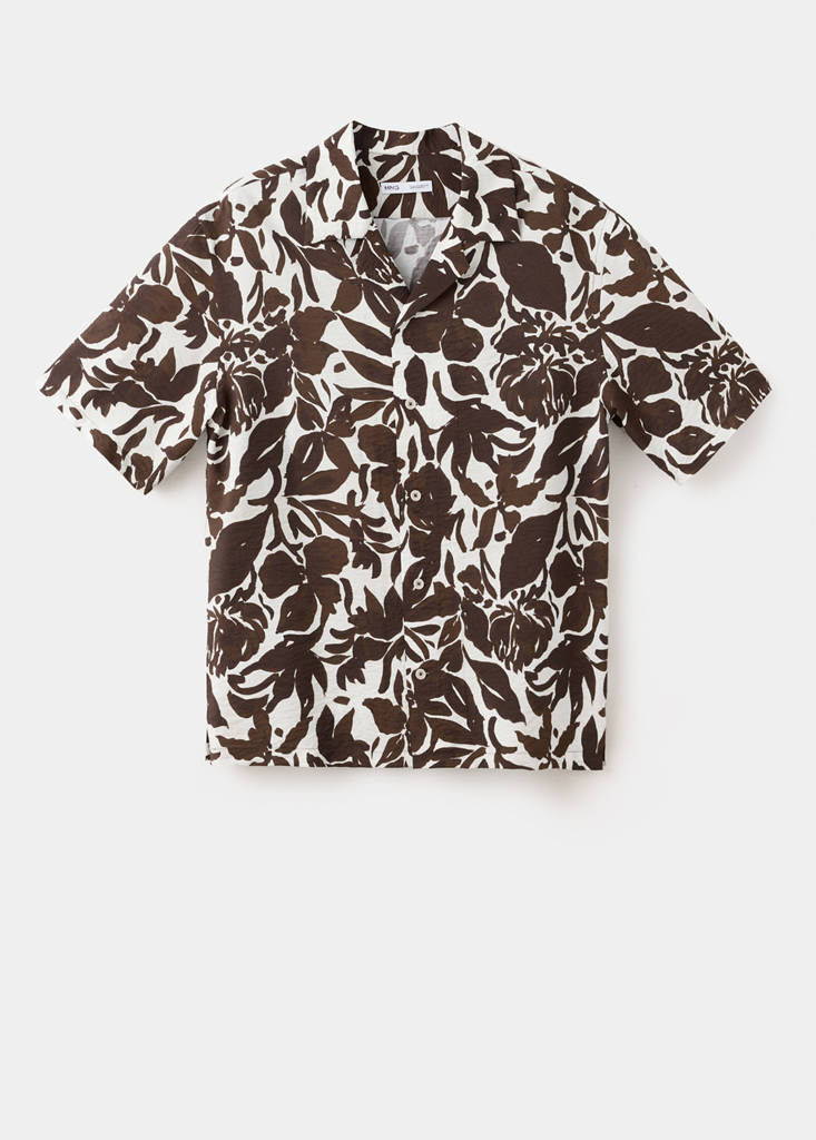 Printed cotton shirt with a bowling collar — Brown