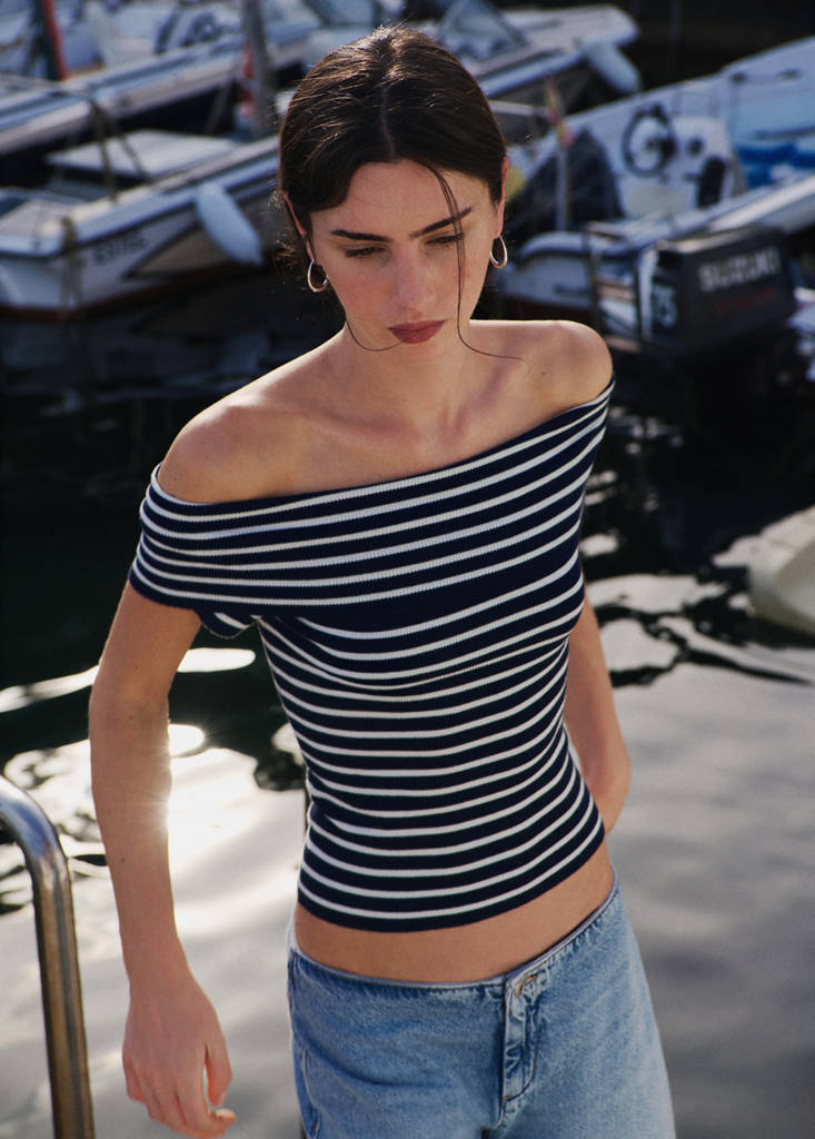Striped boat-neck top — Navy