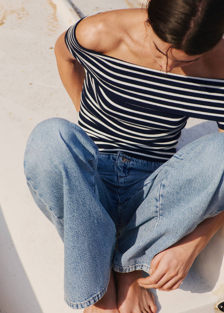Striped boat-neck top — Navy