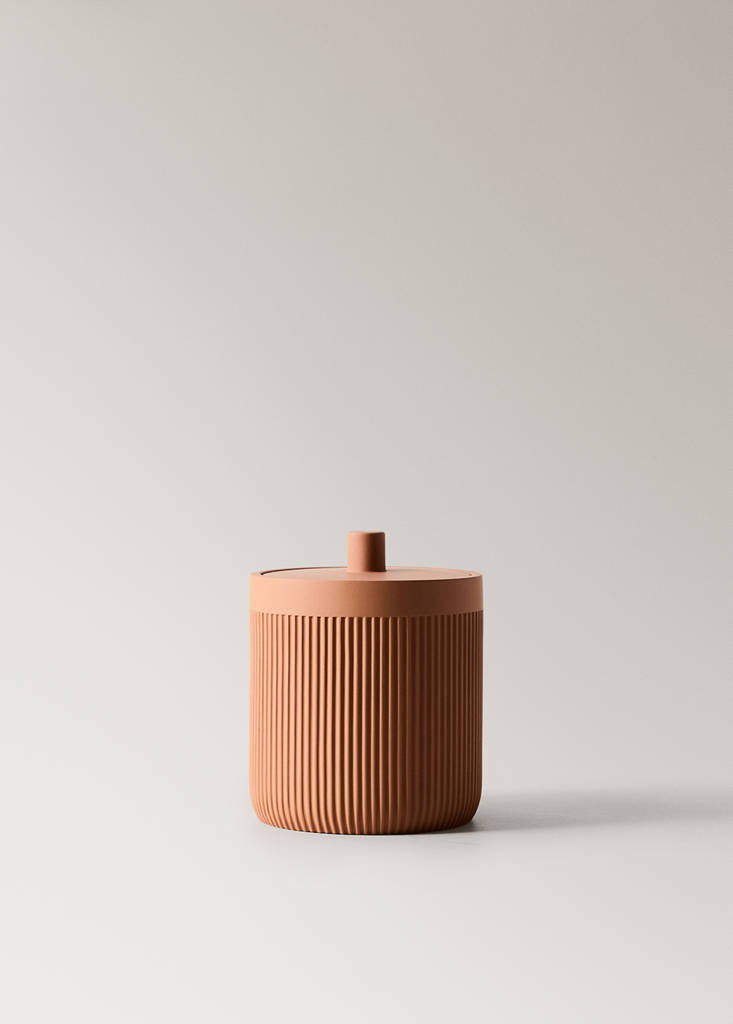 Striped resin bathroom canister — Ochre