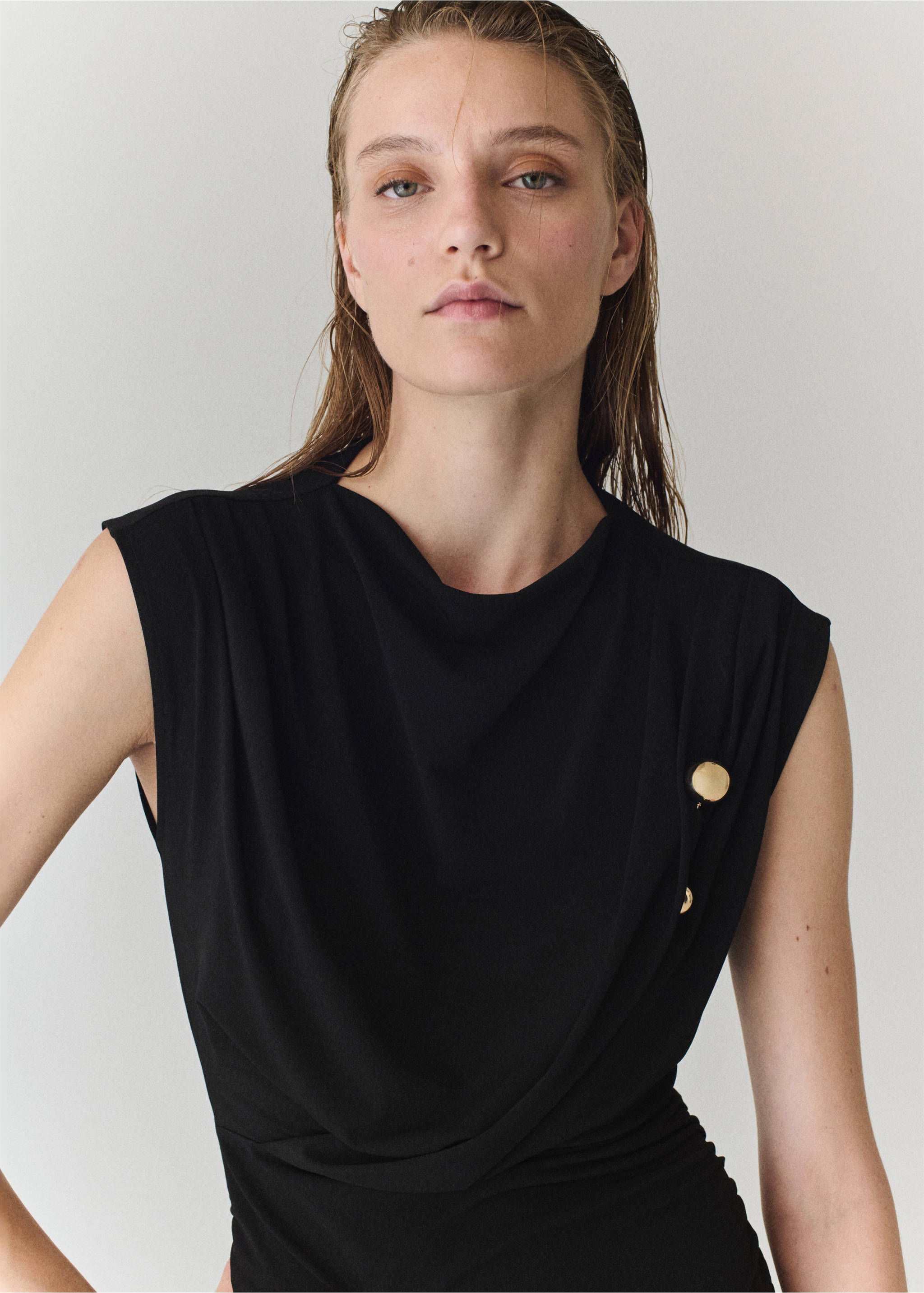 Draped midi-dress - Details of the article 1, Black. Ref: 37083893-00.
