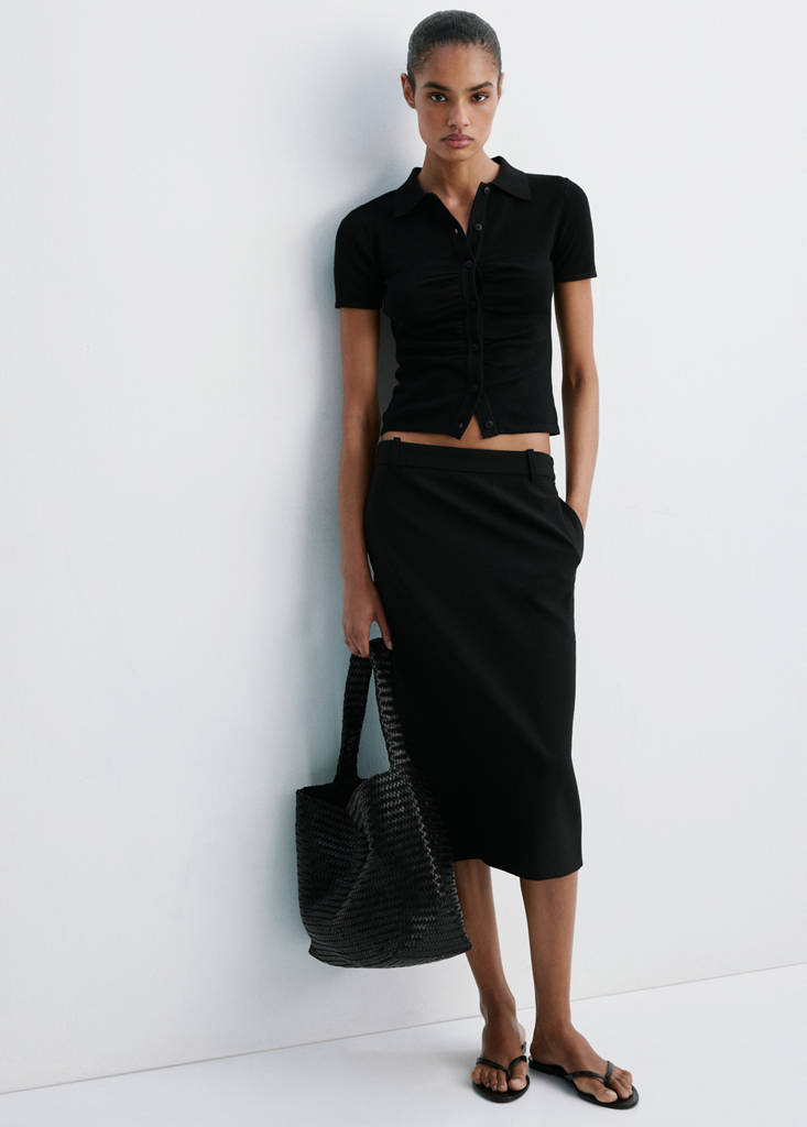 Ribbed polo collar cardigan — Black