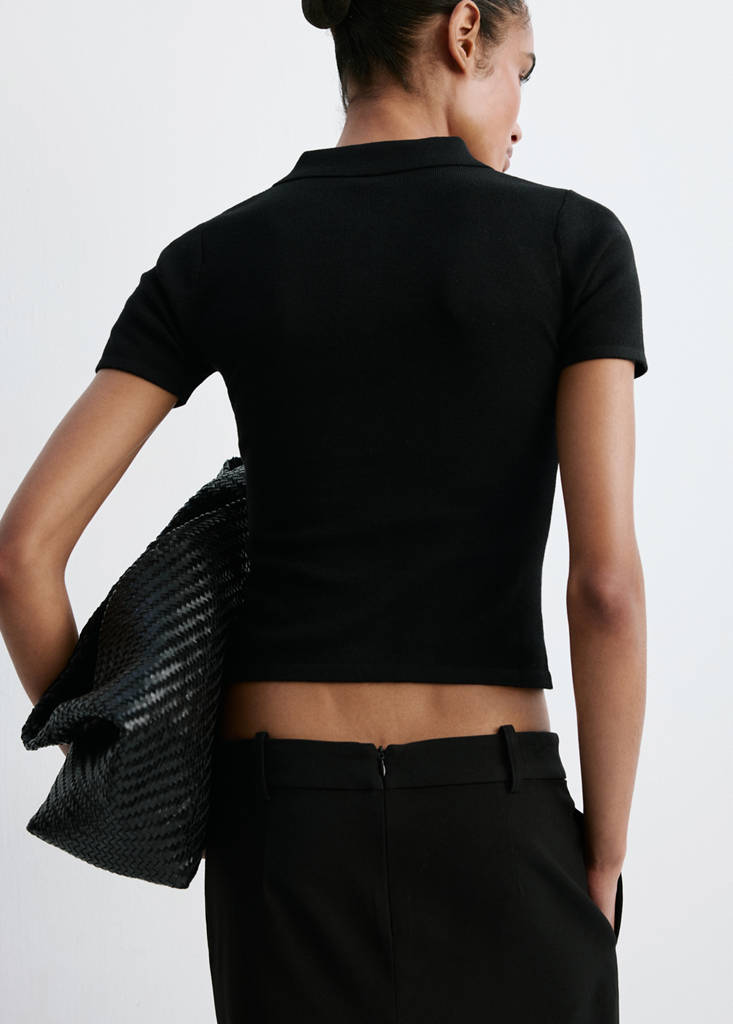 Ribbed polo collar cardigan — Black