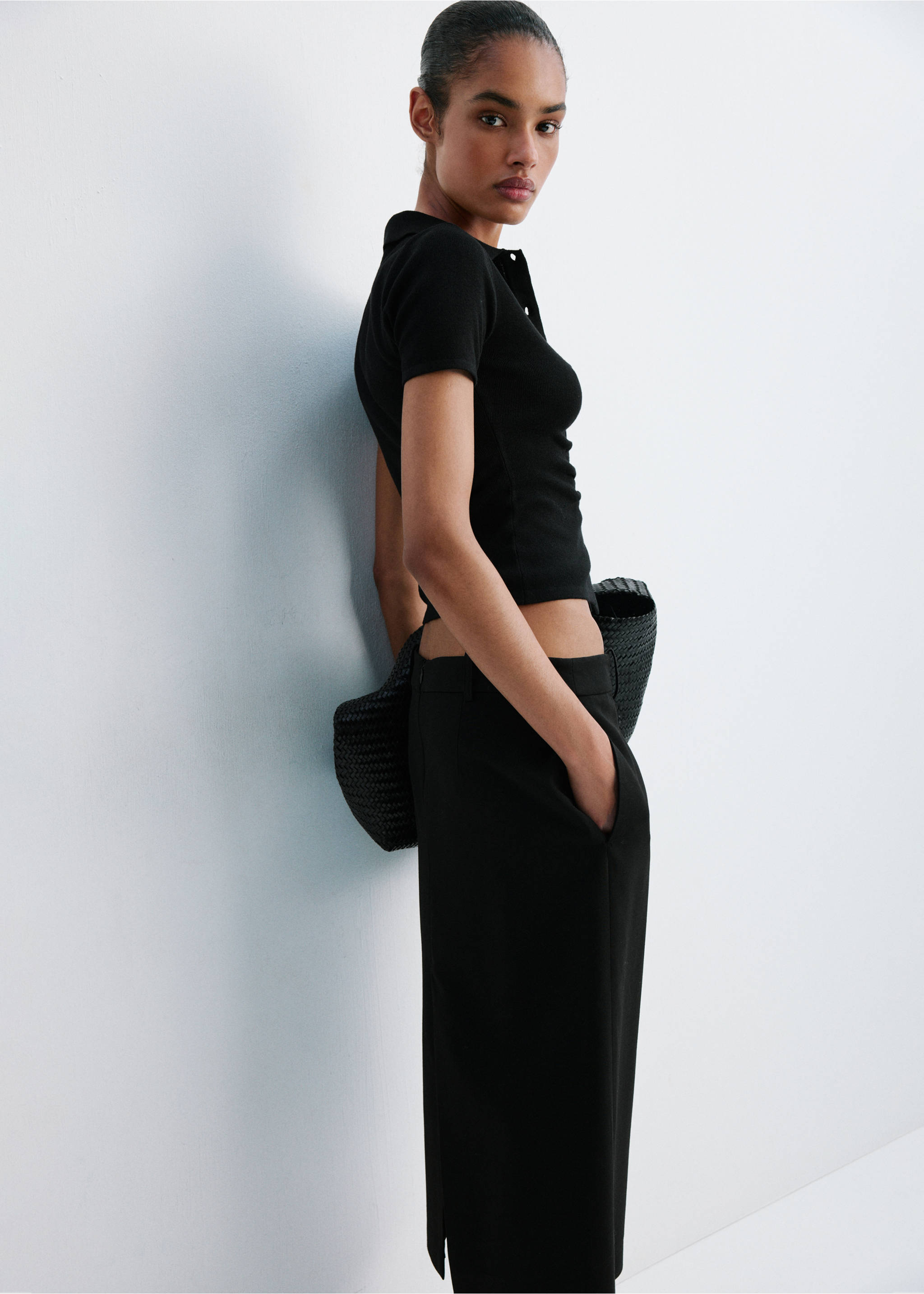 Ribbed polo-neck cardigan - Details of the article 3, Black. Ref: 37084068-00.