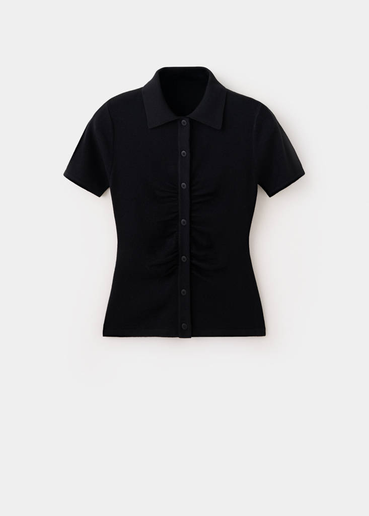 Ribbed polo collar cardigan — Black