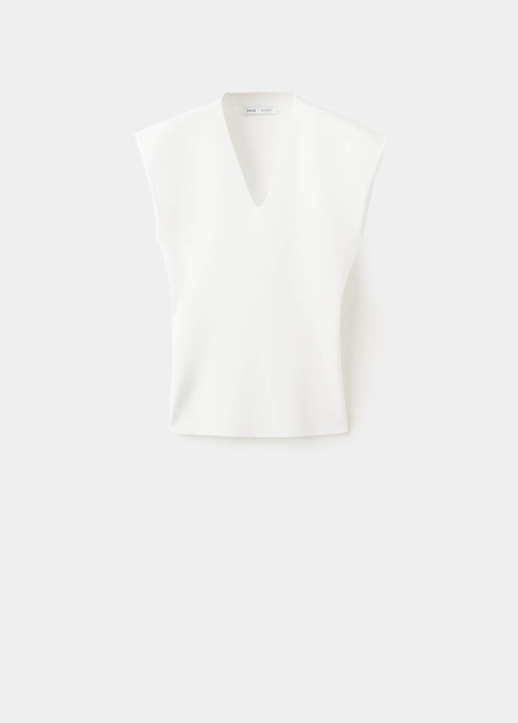 Fine knit V-neck top — White
