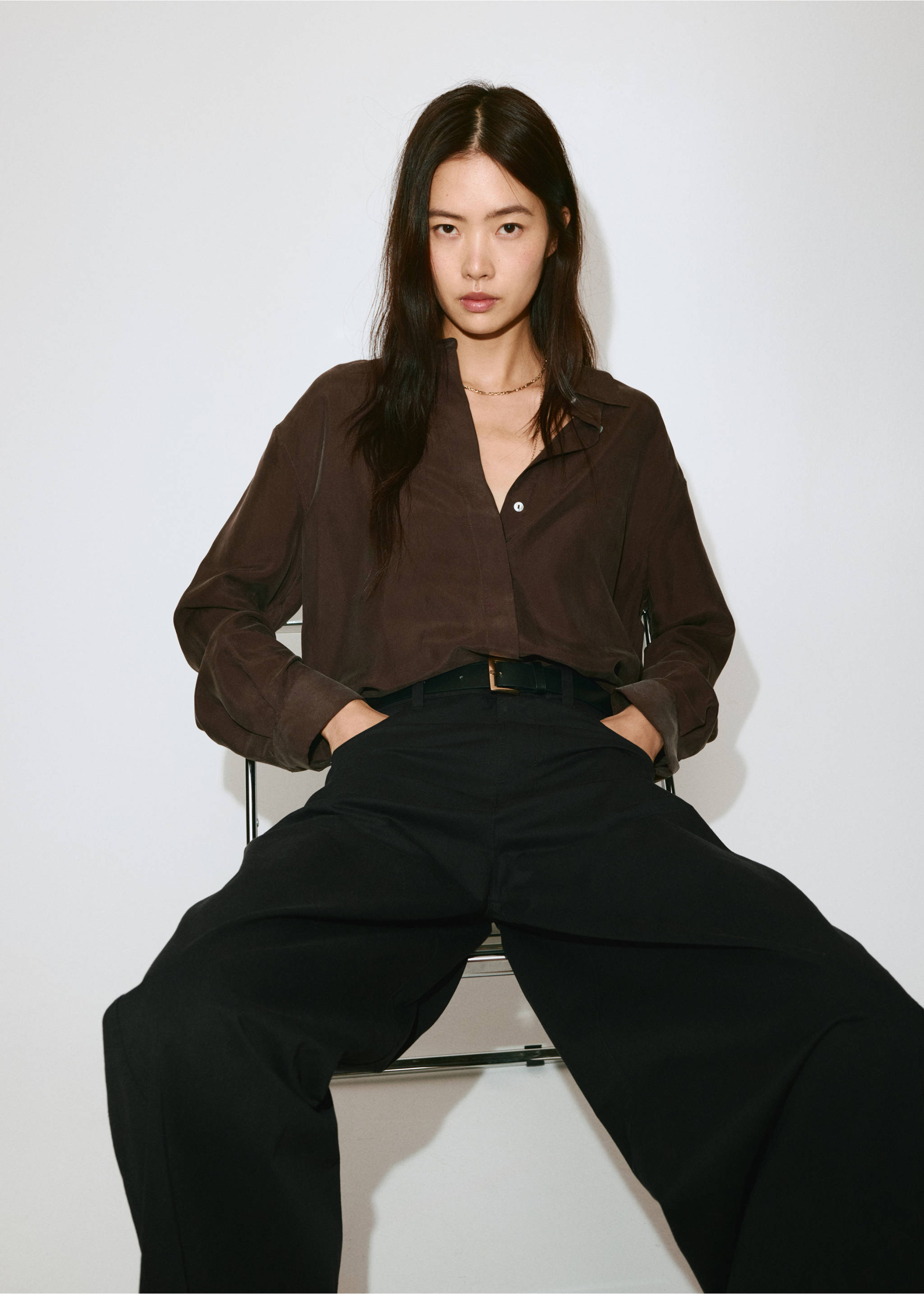 Black trousers worn with a dark brown shirt, Black. Ref: 37084078-01.