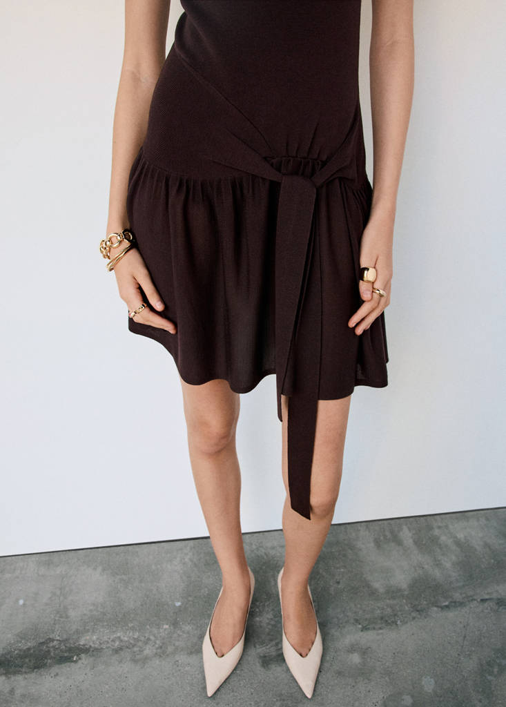 Ribbed lyocell dress with bow detail — Chocolate