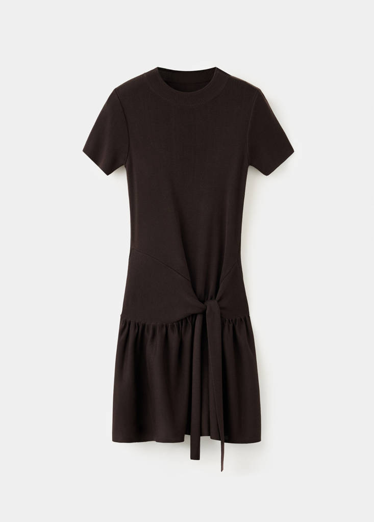 Ribbed lyocell dress with bow detail — Chocolate