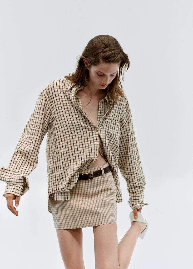 Gingham check cotton skirt — Ecru