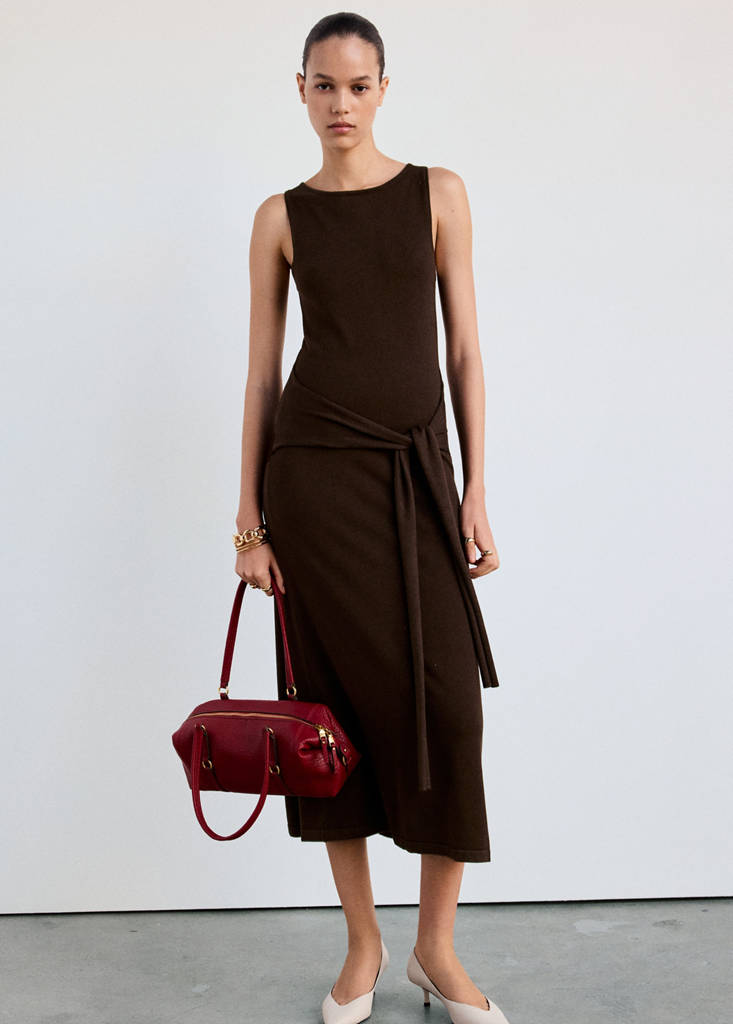 Tie-detail knitted dress — Brown