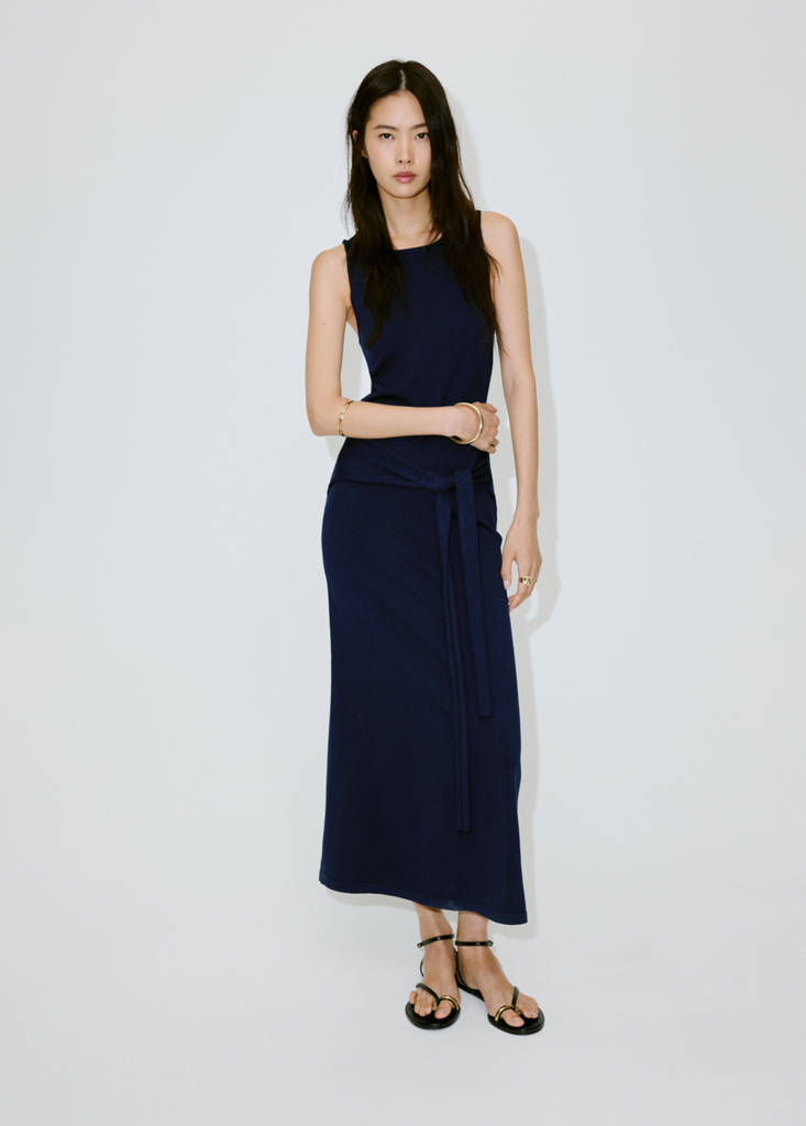 Tie-detail knitted dress — Navy