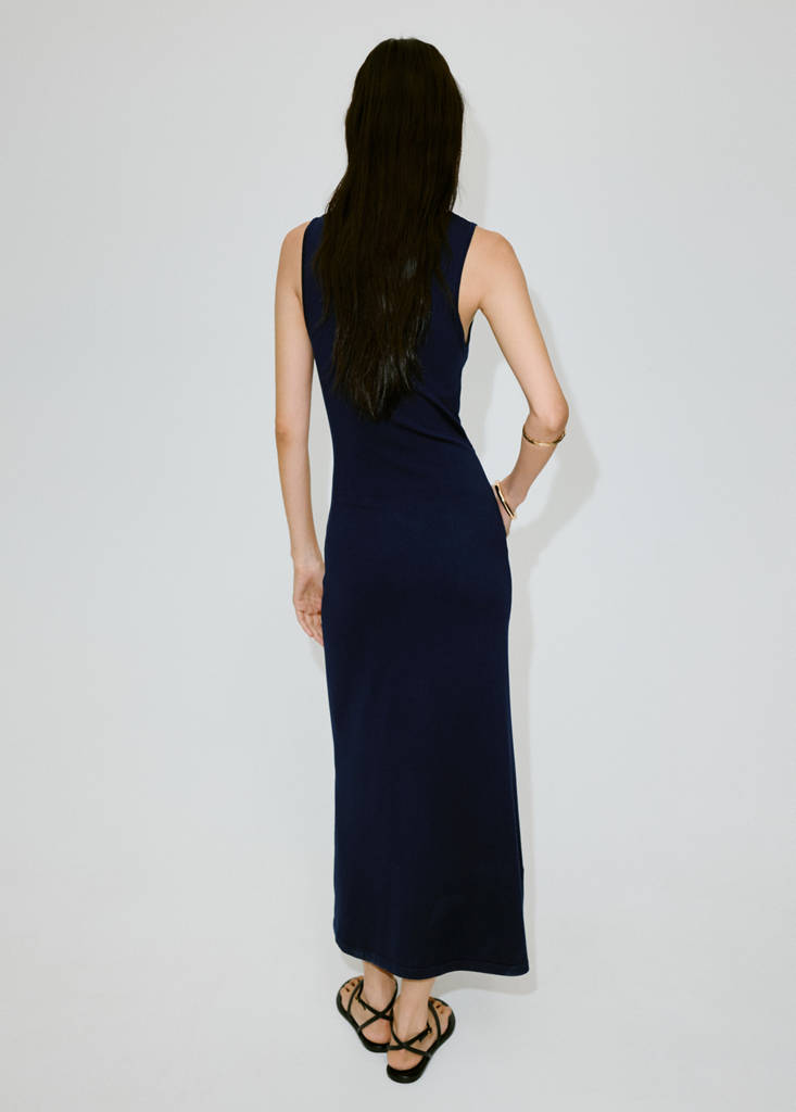 Tie-detail knitted dress — Navy