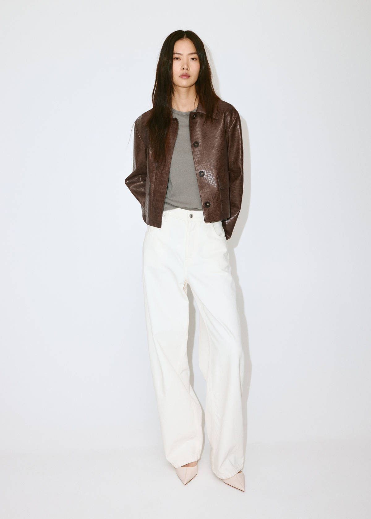 Croc-effect faux leather jacket — Medium Brown