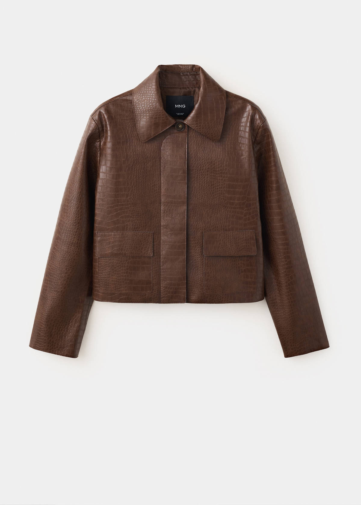 Croc-effect faux leather jacket — Medium Brown