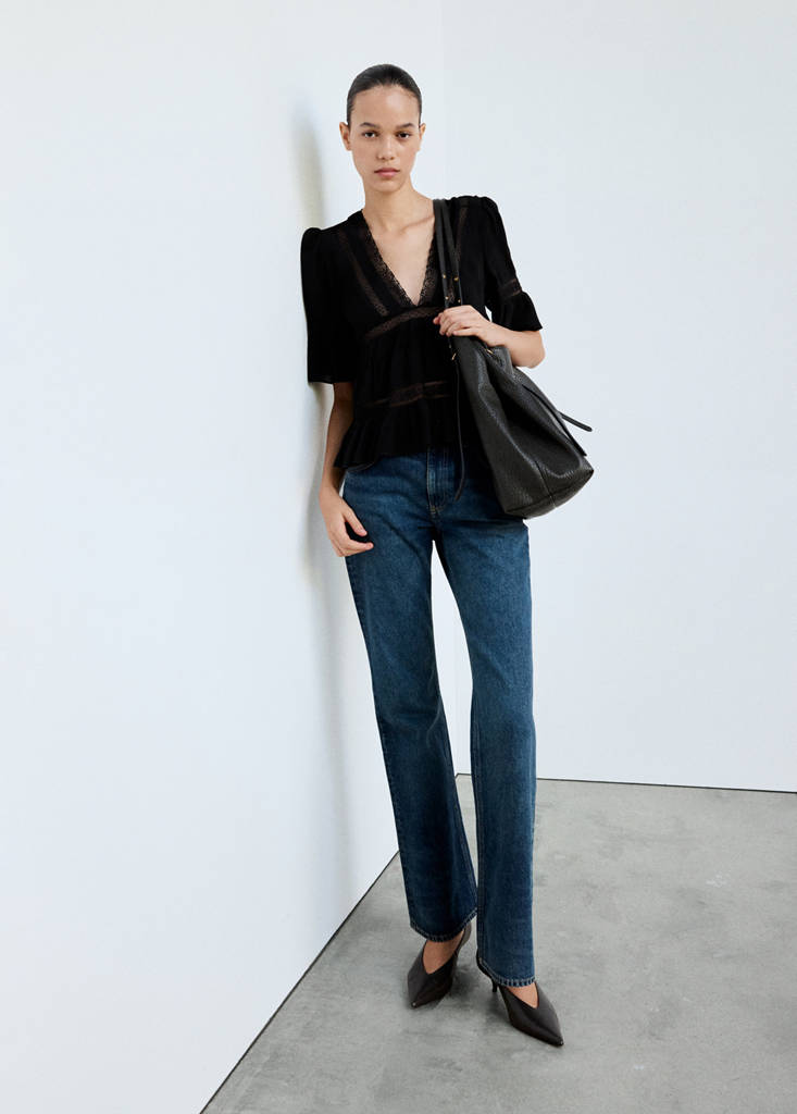 V-neck blouse with lace trim — Black