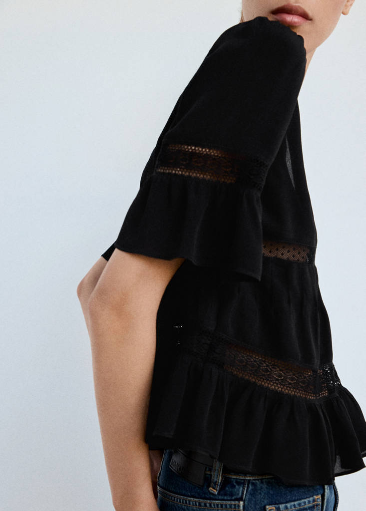V-neck blouse with lace trim — Black