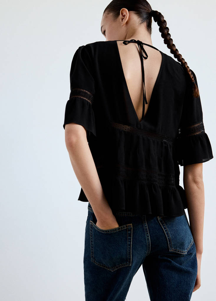 V-neck blouse with lace trim — Black