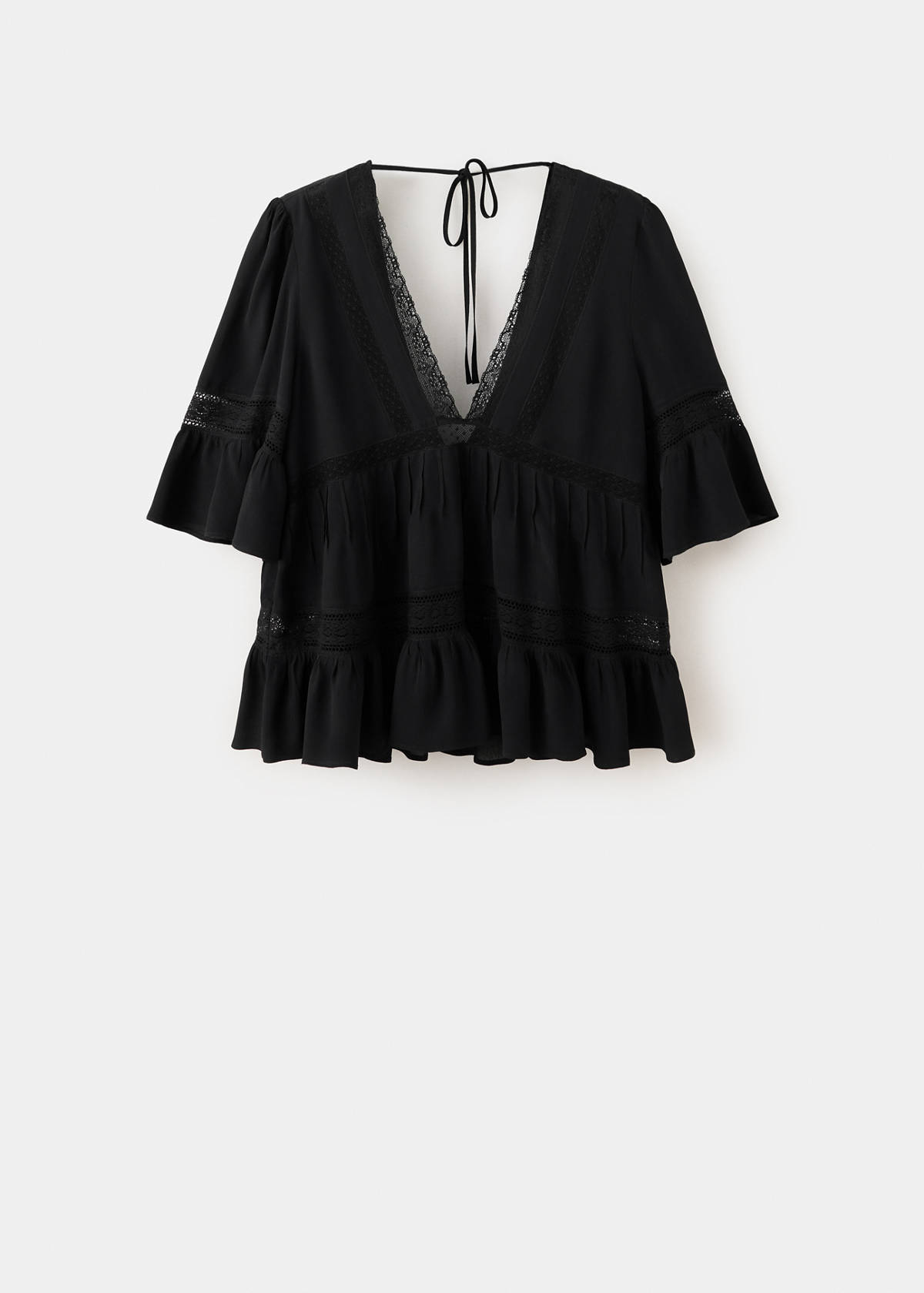 V-neck blouse with lace trim — Black