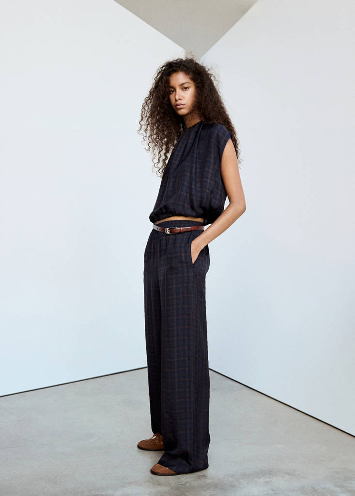 Gathered check blouse — Blue