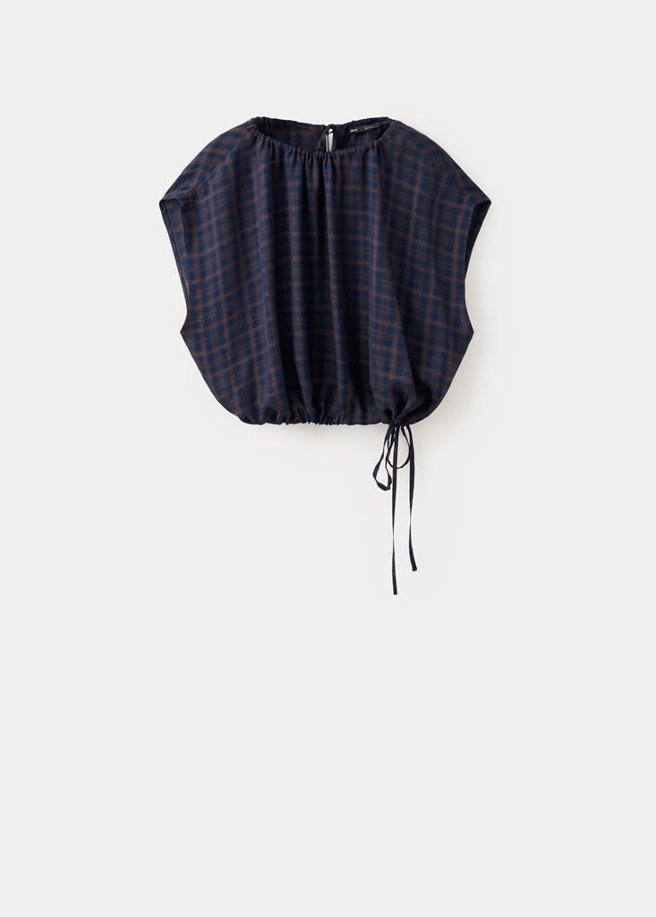 Gathered check blouse — Blue