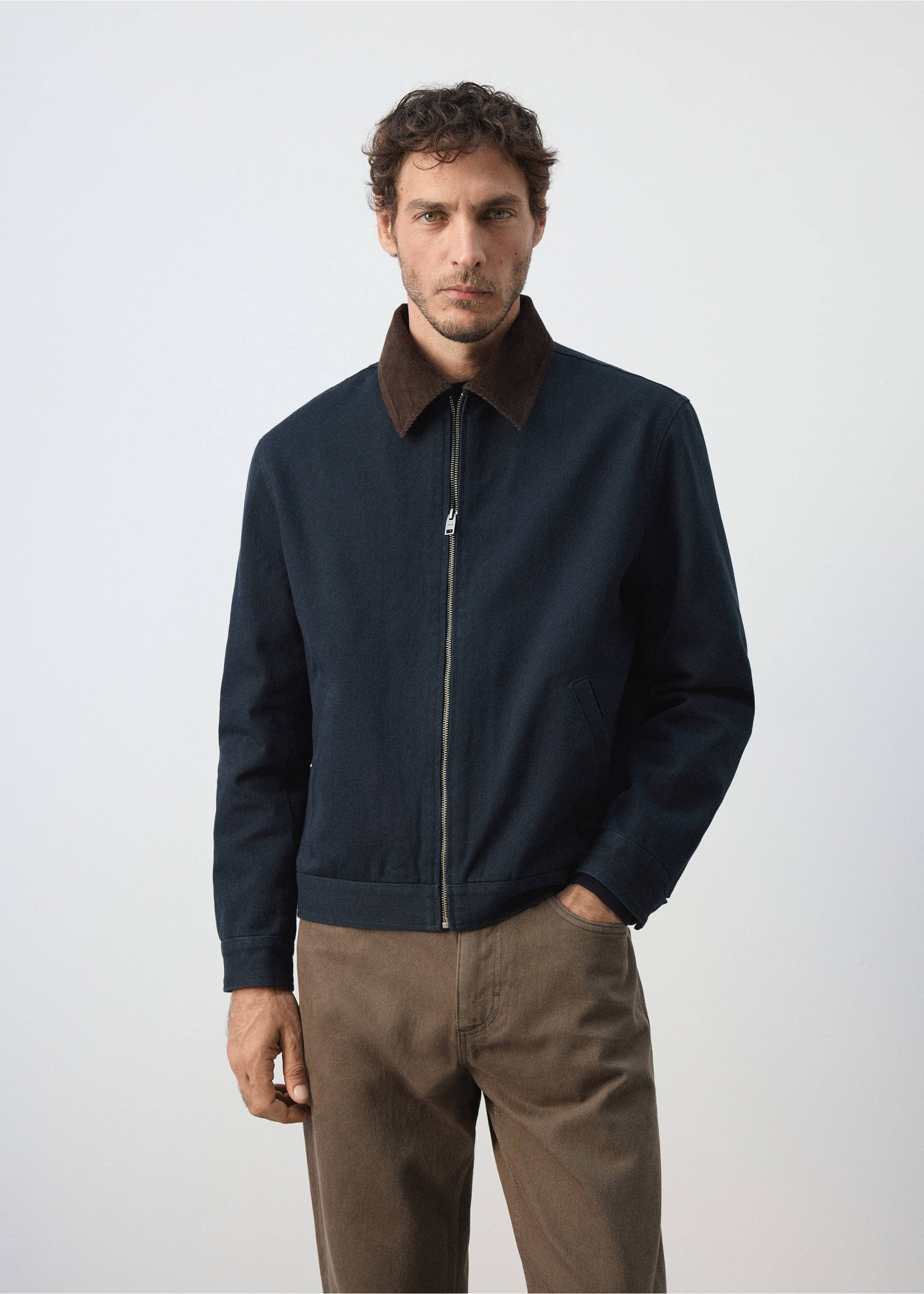 Corduroy collar denim jacket - Medium plane, Navy. Ref: 37084403-00.