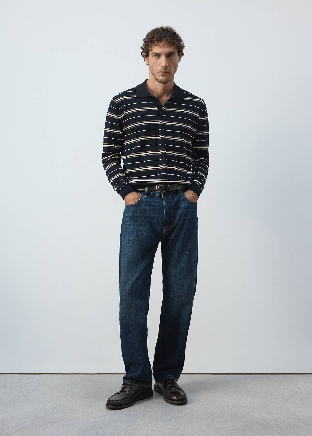 100% cotton fine-knit striped polo — Navy
