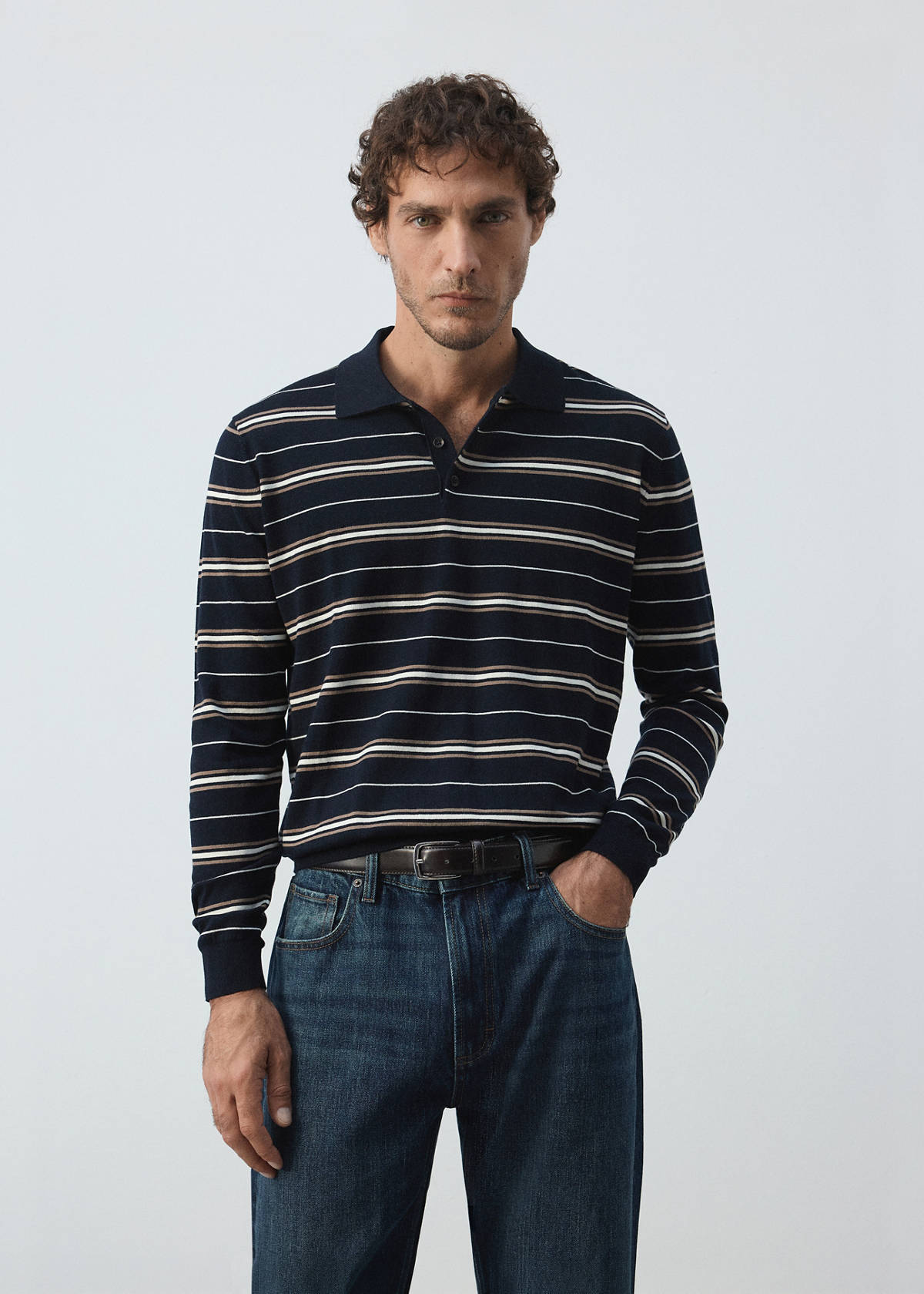 100% cotton fine-knit striped polo — Navy