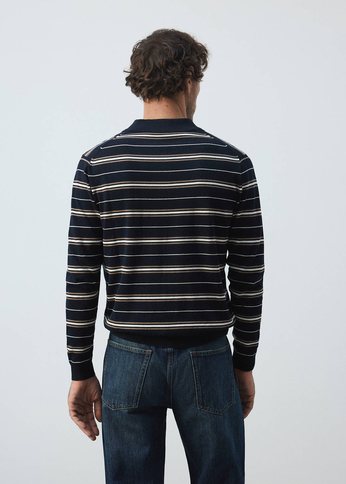 100% cotton fine-knit striped polo — Navy