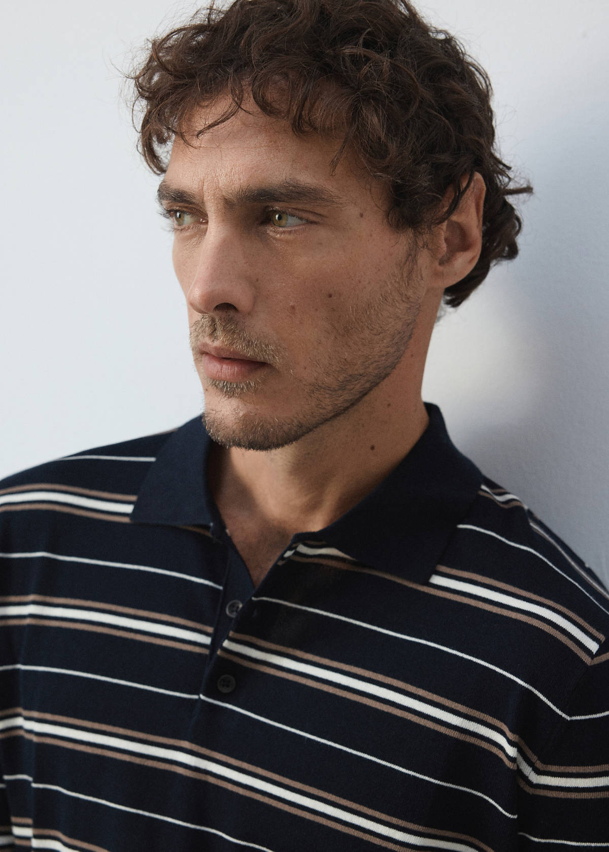 100% cotton fine-knit striped polo — Navy