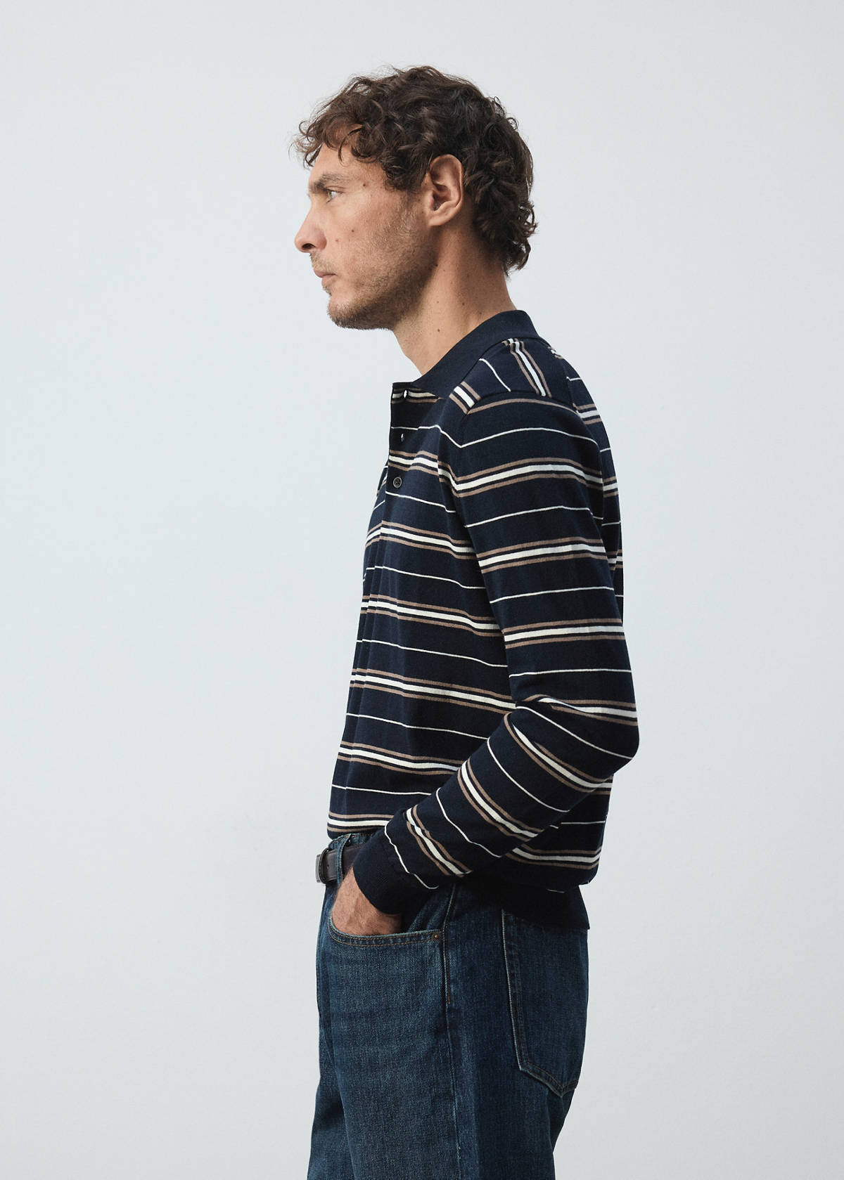 100% cotton fine-knit striped polo — Navy