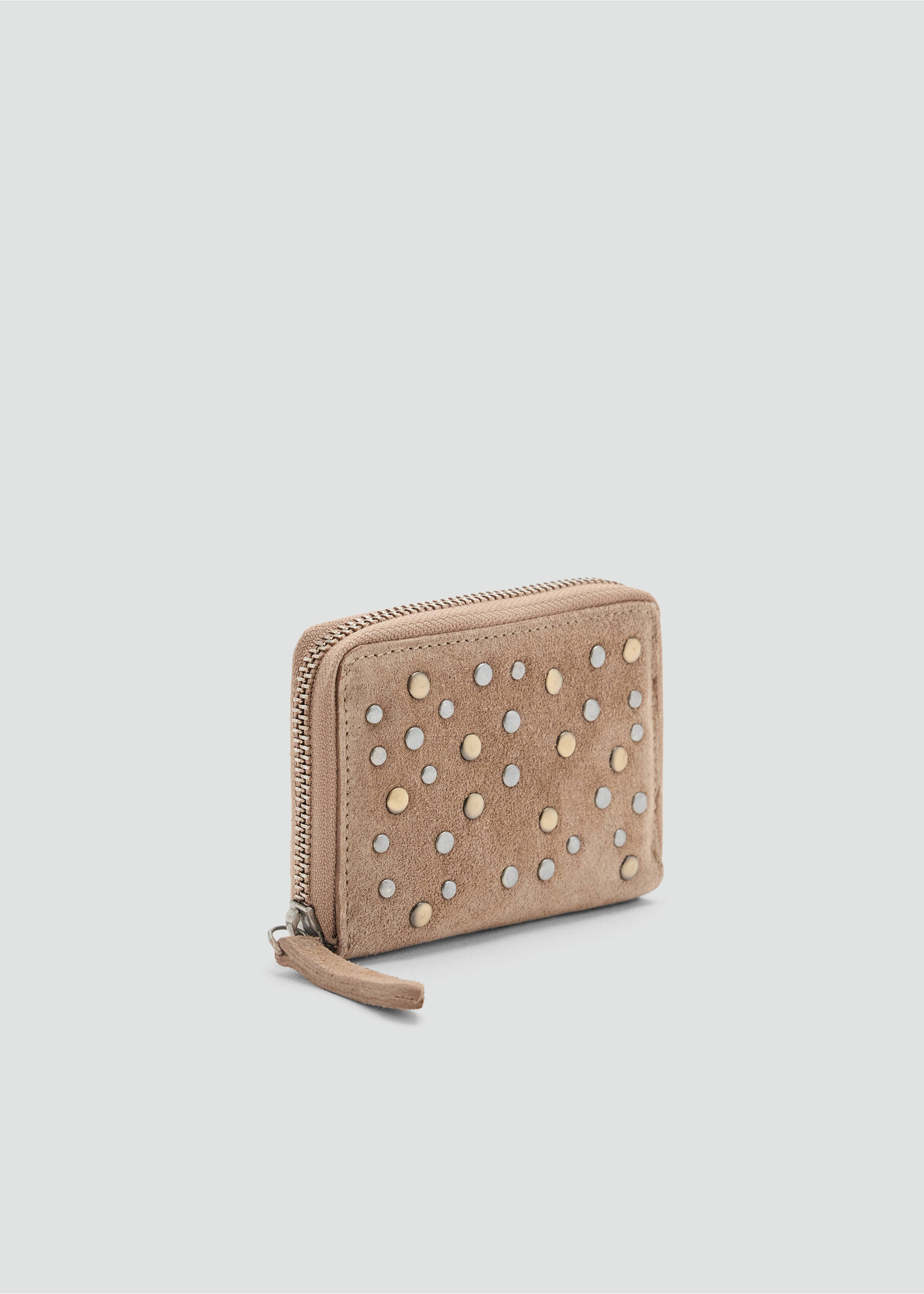 Beige suede wallet with mixed metallic studs and zip-around closure in a three-quarter view., Sand. Ref: 37084430-00.