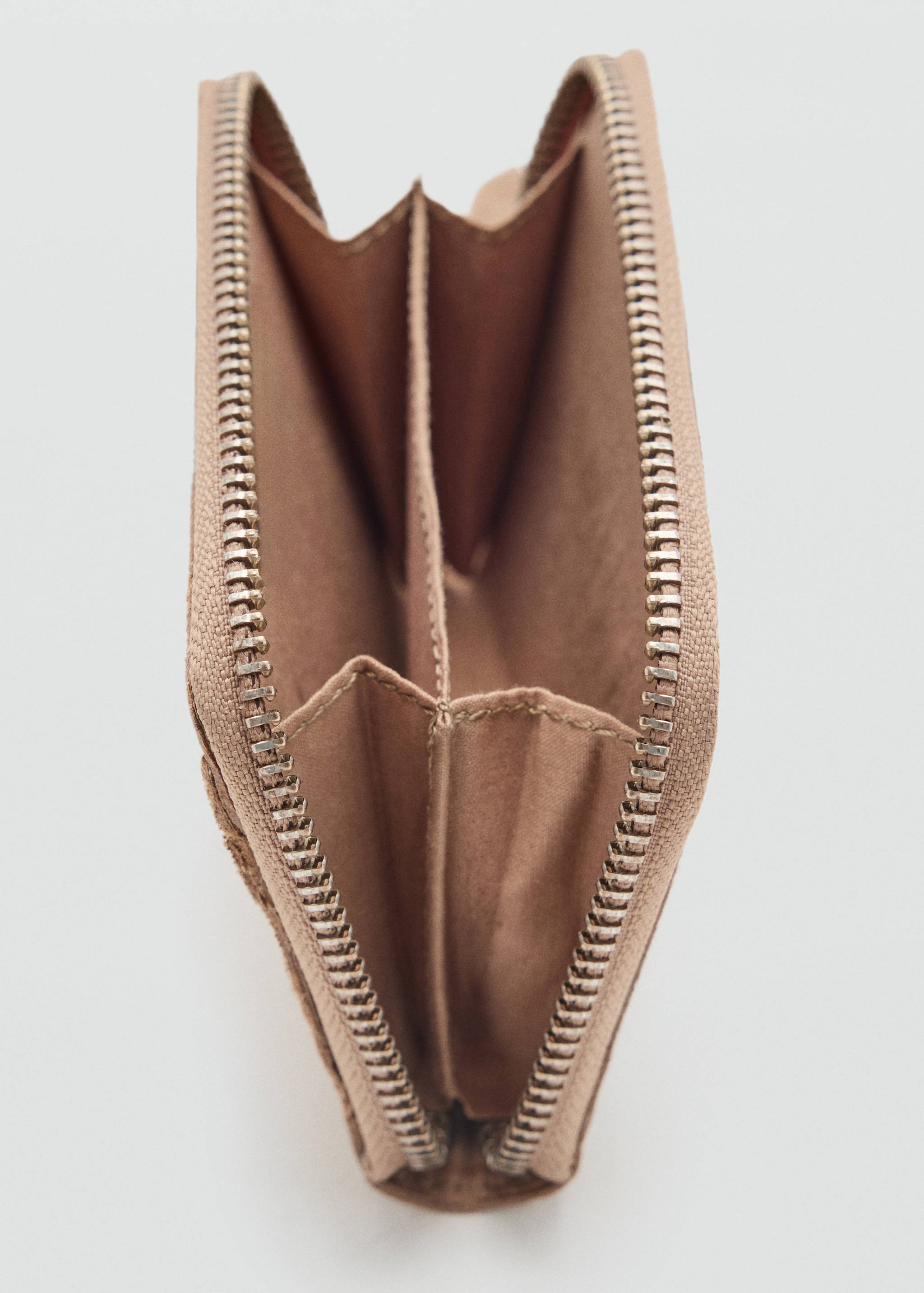 Beige zip-around wallet shown open from above.